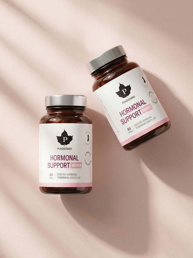 Puhdistamon Hormonal Support purkit vaaleanpunertavan taustan edessä