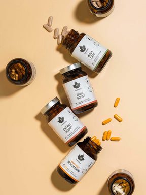 Puhdistamon Infla Care, Immo Boost, Energy Boost ja Monivitamiini -purkit