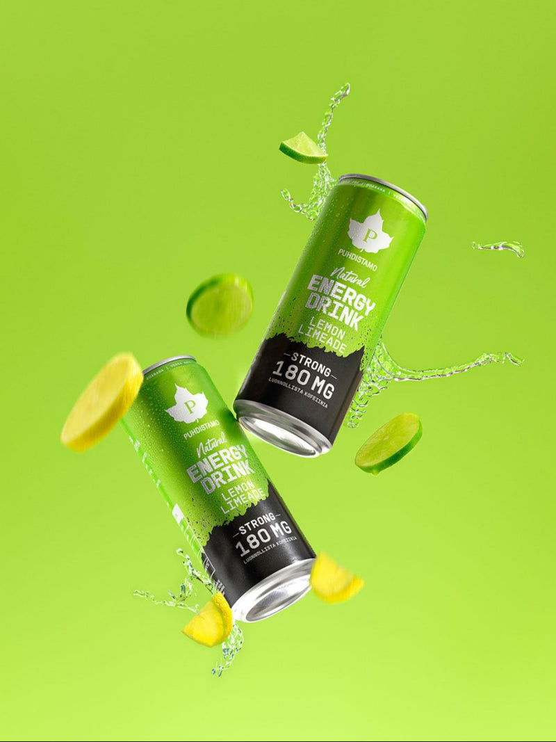 Kaksi tölkkiä Puhdistamon Natural Energy Drink Lemon Limeade Strongia