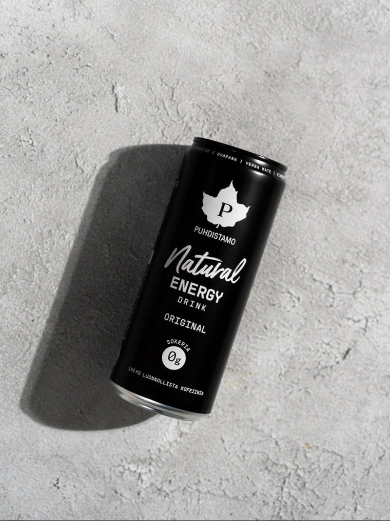 Puhdistamon Natural Energy Drink Original harmaalla taustalla