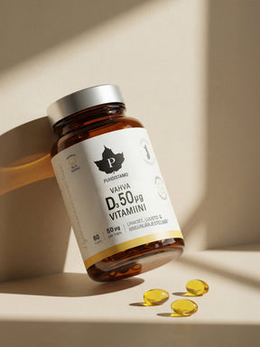 Puhdistamon Vahva D-vitamiini 60 kapselin purkki beigeä seinää vasten