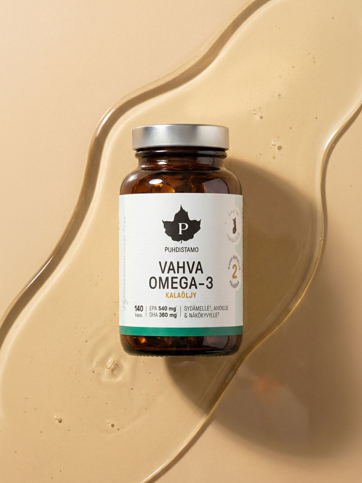 Puhdistamon Vahva Omega-3 140 kapselipurkki kalaöljyn päällä beigellä taustalla
