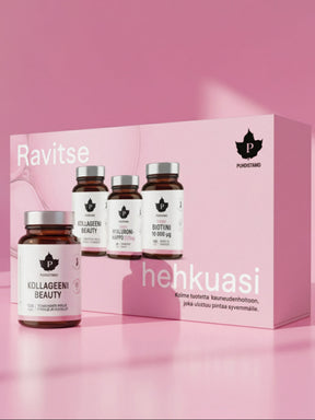 Puhdistamo Beauty Box ja Kollageeni Beauty -kapselipurkki vaaleanpunaisella taustalla